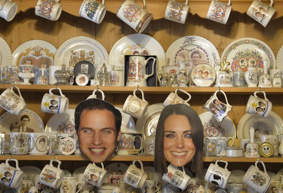 A kitchen dresser covered in commemorative crockery is seen at the house of Margaret Tyler in west London