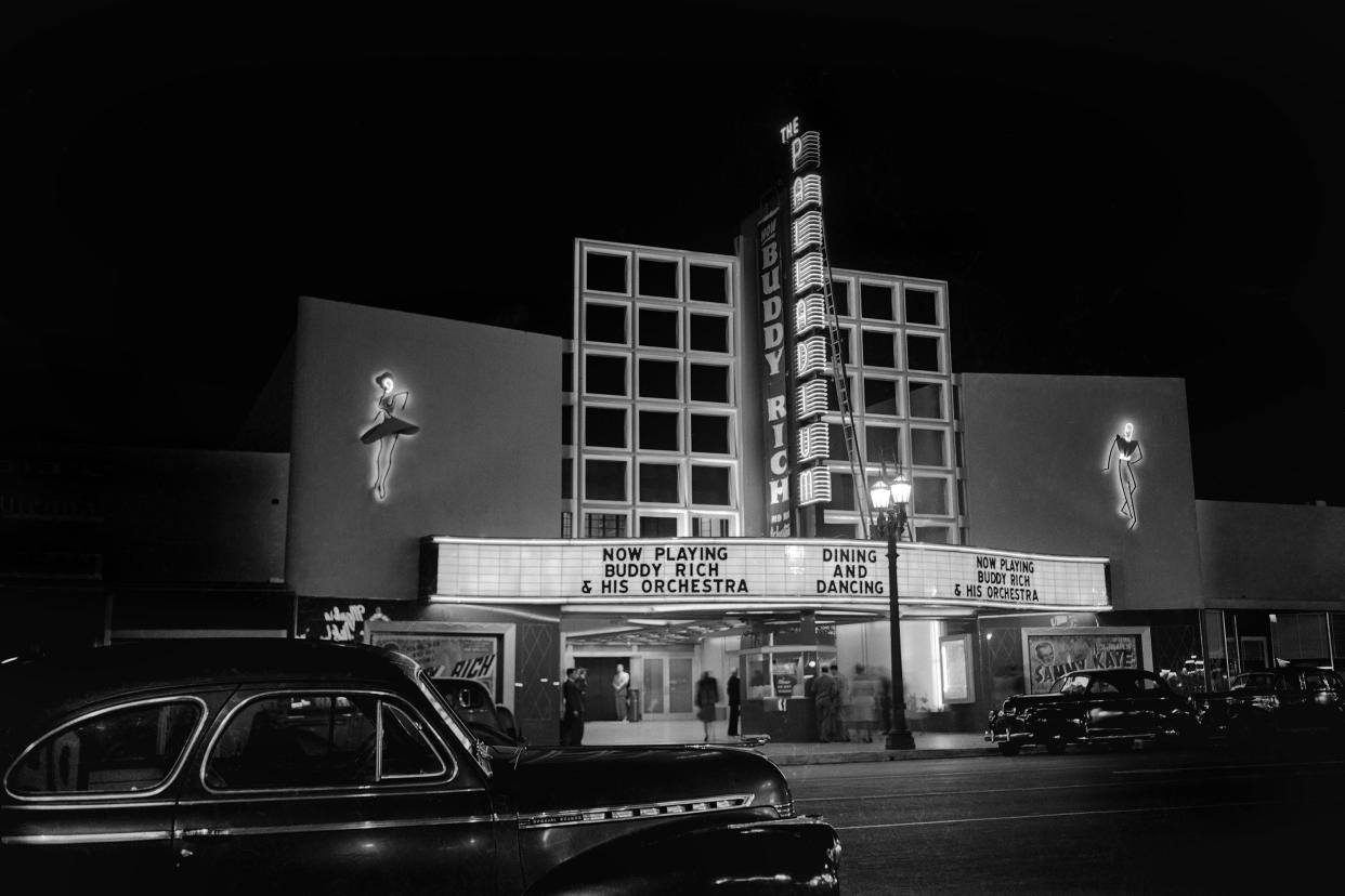 A view of The Hollywood Palladium on Sunset Boulevard with Buddy Rich and his Orchestra on the marquee on April 23, 1946 in Los Angeles, California.