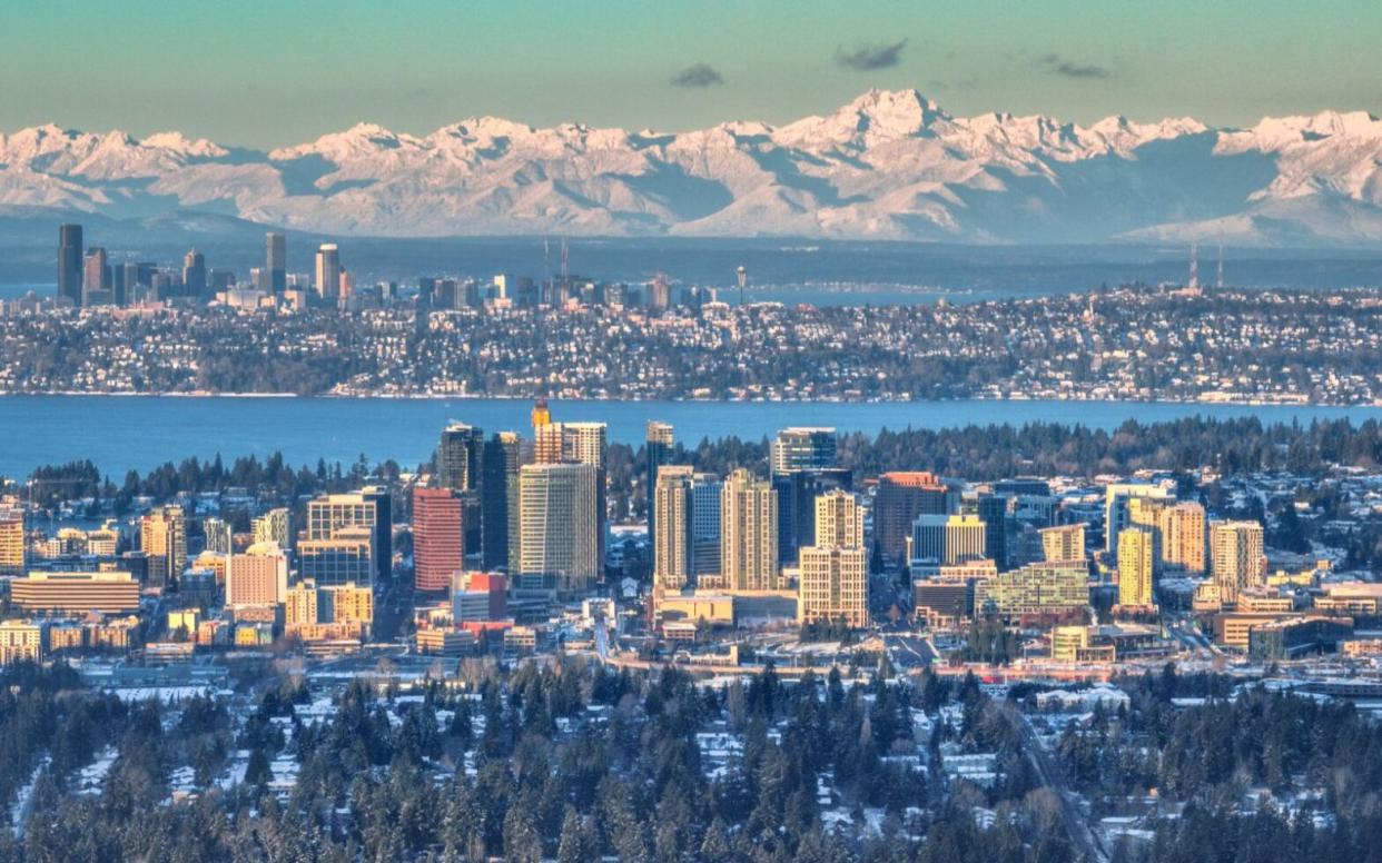 Dawn light over downtown Bellevue, Lake Washington, Seattle, and Olympic Mountains - Best Views in Seattle