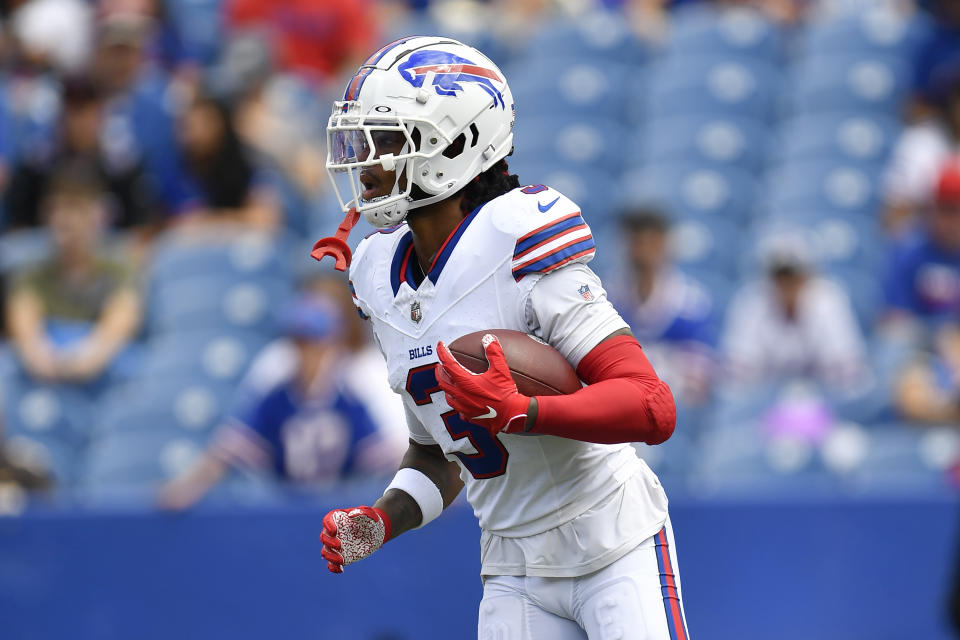 Buffalo Bills safety Damar Hamlin warms up before an NFL preseason football game against the Indianapolis Colts in Orchard Park, N.Y., Saturday, Aug. 12, 2023. (AP Photo/Adrian Kraus)