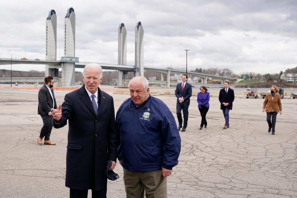 Port Director Geno Marconi reports American Cruise Lines are interested in bringing ships to Portsmouth. In this file photo, President Joe Biden talks with Marconi during a briefing on state infrastructure projects at the New Hampshire Port Authority in Portsmouth, April 19, 2022.