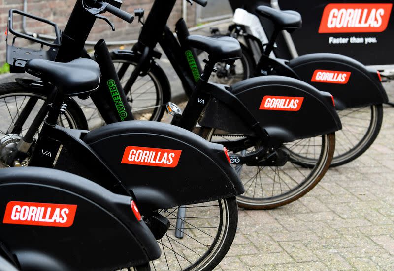 FILE PHOTO: Bikes of the fast grocery deliverer Gorillas are parked in Rotterdam, Netherlands