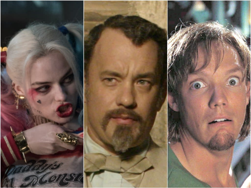 Margot Robbie en 'Suicide Squad', Tom Hanks en 'The Ladykillers' y Matthew Lillard en 'Scooby-Doo: La película' (Warner Bros/Buena Vista Pictures/WB)