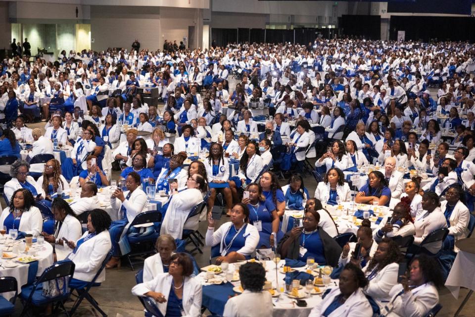 PHOTO: Guests listen as Vice President Kamala Harris speaks to the Zeta Phi Beta Sorority Grand Boule at the Indiana Convention Center on July 24, 2024 in Indianapolis, Indiana. (Scott Olson/Getty Images)