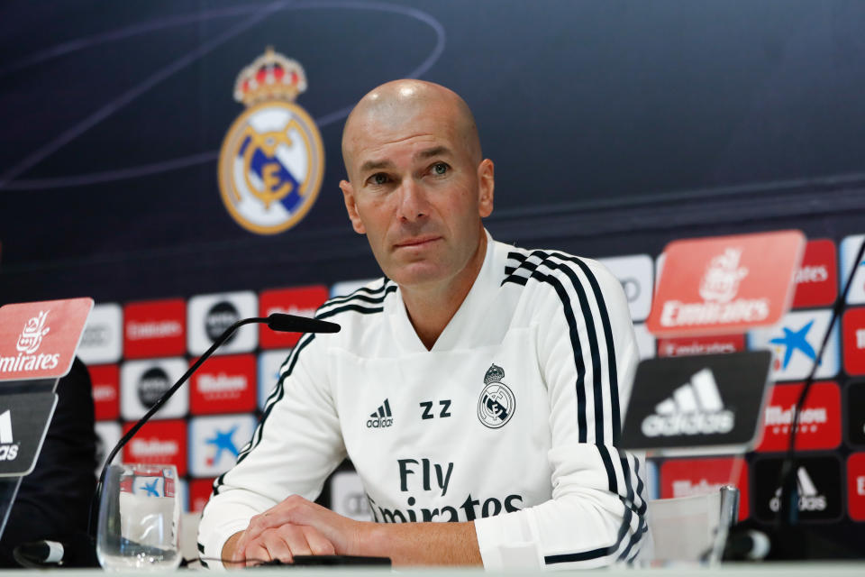 MADRID, SPAIN - MARCH 15: New Real Madrid coach Zinedine Zidane gives a press conference after the first training session during his second spell as manager, on March 15, 2019 in Madrid, Spain. (Photo by Oscar J. Barroso/AFP7/Europa Press via Getty Images)