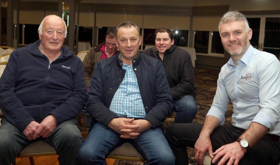 Impartial Reporter: Dr. Ryan Law (right), an animal nutritionist with Anupro, and guest speaker at Fermanagh Grassland Club, meeting members Harold Hamilton, Gordon Thompson and Roland Graham.