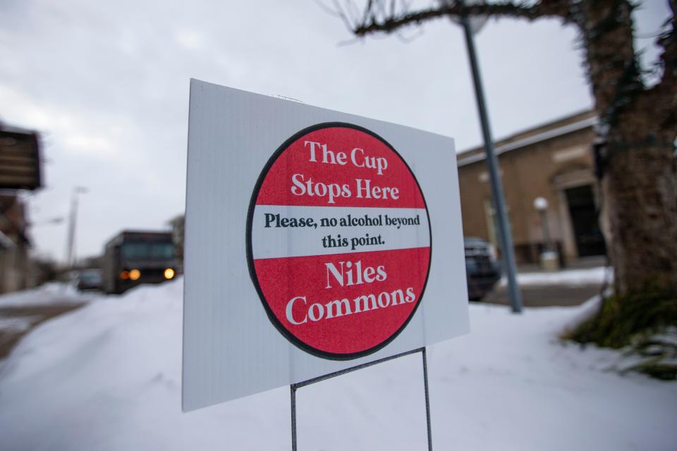 A sign offers details about the Niles Social District on Thursday, Jan. 27, 2022, at Niles Brewing Company in Niles.