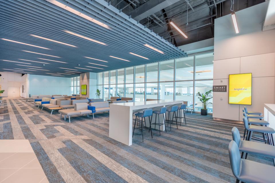 Brightline train station, Orlando International Airport, Florida, smart lounge.