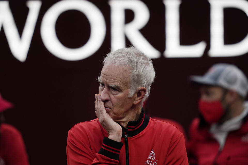 Team World's captain John McEnroe watches competition against Team Europe during Laver Cup tennis, Sunday, Sept. 26, 2021, in Boston. (AP Photo/Elise Amendola)