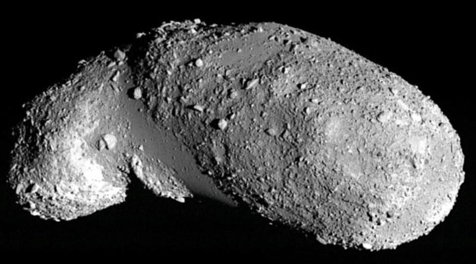 The near-Earth asteroid Itokawa. The boulder-free, smooth areas are filled with small, uniformly-sized particles.