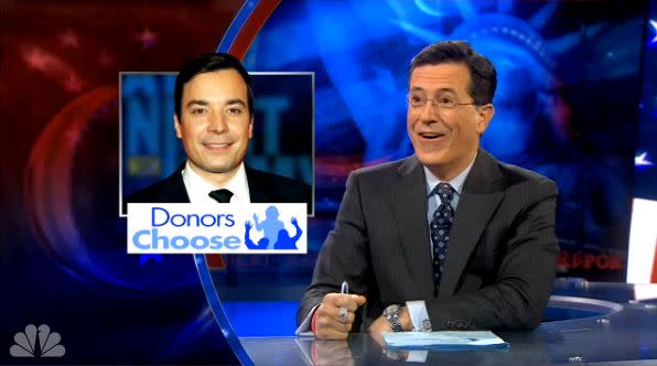 After auctioning off a portrait of himself for $26,000, Colbert went on his show and announced that Jimmy Fallon had agreed to match those funds.  Only problem was, <a href="http://www.latenightwithjimmyfallon.com/video/stephen-colbert-jimmy-fallon-project/n17085" target="_blank">he never told Jimmy he was going to do that</a>. As Fallon explained in an interview with our own Arianna, "Literally he did not call me or ask me or consult with me and see if I would ever match $26,000 to a charity." We guess Colbert just KNEW his BFF for six months would come through. 