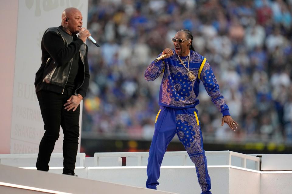 Dr. Dre, left, and Snoop Dogg perform during halftime of the NFL Super Bowl 56 in 2022.