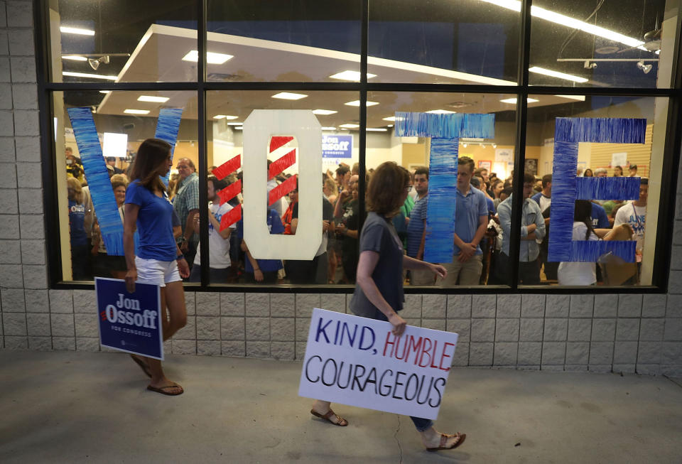 People arrive to hear Jon Ossoff speak