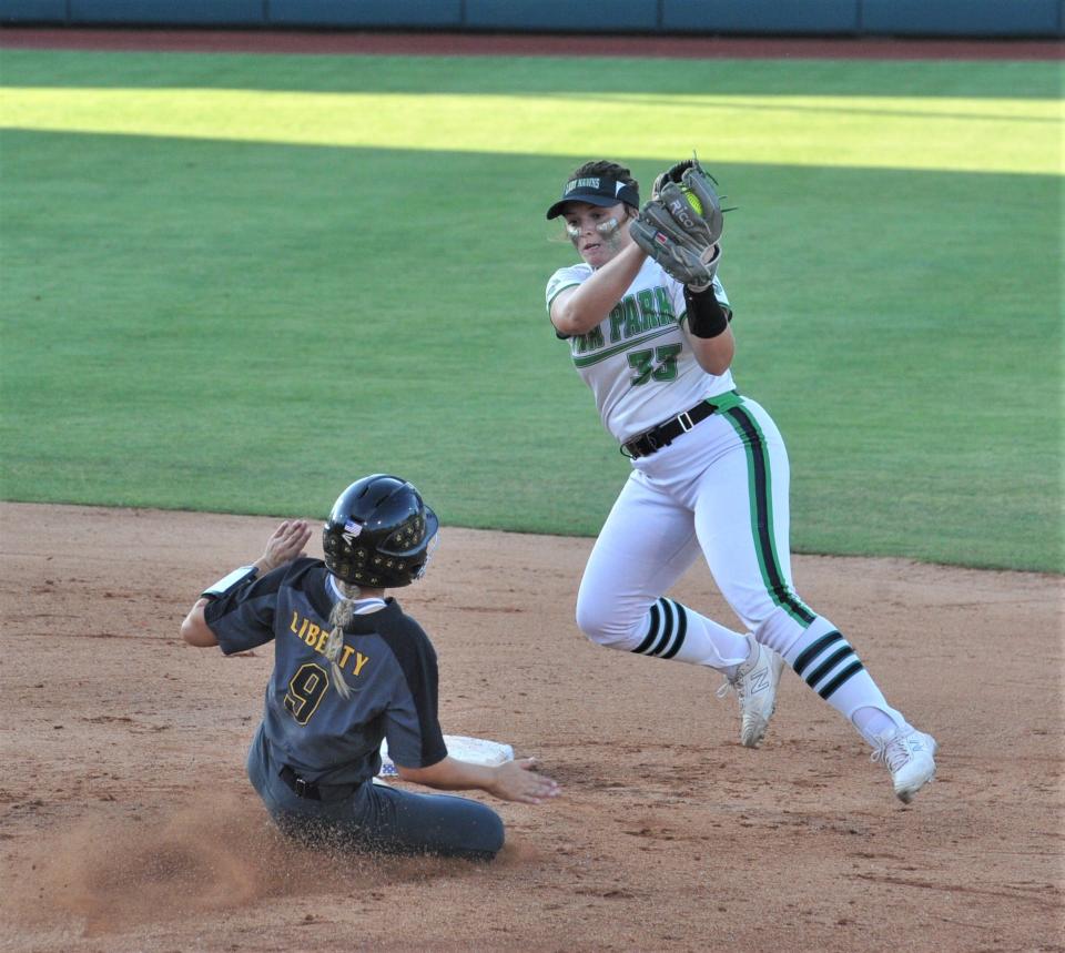 Iowa Park's Raylea Parsons makes the catch and tag at second against Liberty during the 4A UIL State Softball semifinal in Austin on Thursday, June 2, 2022.