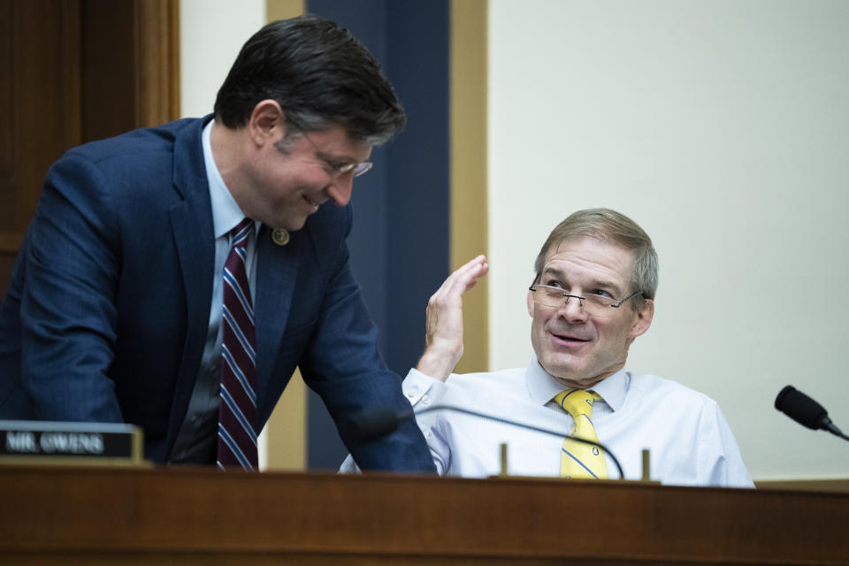 UNITED STATES - MARCH 1: Reps. Jim Jordan, R-Ohio, right, and Mike Johnson, R-La., attend the House Judiciary Subcommittee on the Constitution, Civil Rights, and Civil Liberties hearing titled Discrimination and the Civil Rights of the Muslim, Arab, and South Asian American Communities in Rayburn Building on Tuesday, March 1, 2022. (Tom Williams/CQ-Roll Call, Inc via Getty Images)