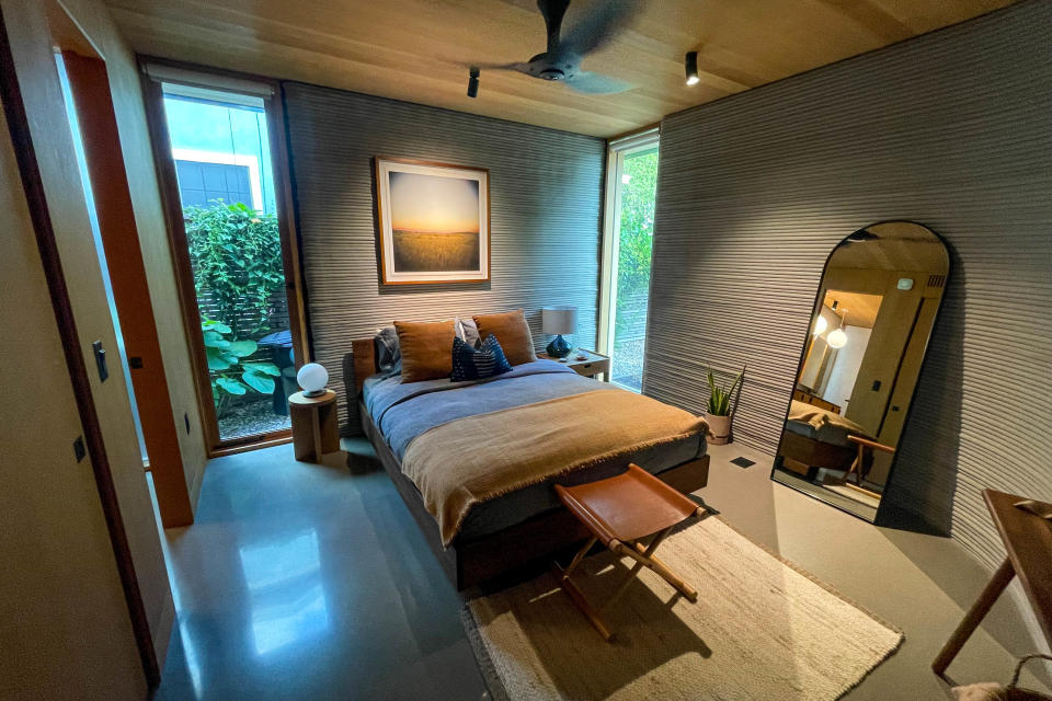 A bedroom in House Zero, a 2,000-square-foot, three-bedroom, 2.5-bath home in Austin, Texas, featuring Austin-based ICON’s 3D-printed wall system, on Tuesday, June 18, 2024.