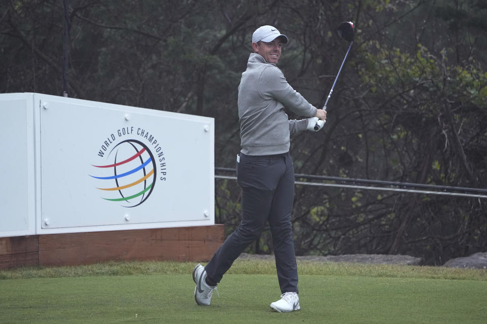 Rory McIlroy, of Northern Ireland, hits from the second tee during a practice round for the Dell Technologies Match Play Championship golf tournament in Austin, Texas, Tuesday, March 21, 2023. (AP Photo/Eric Gay)