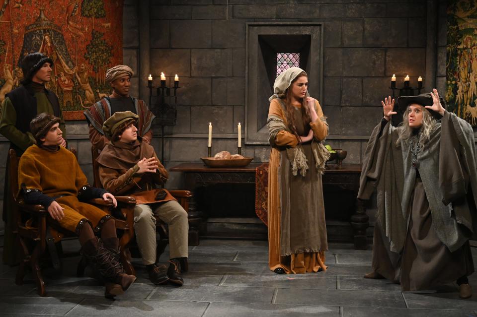 SNL cast members in medieval clothes during a sketch from the May 7 show