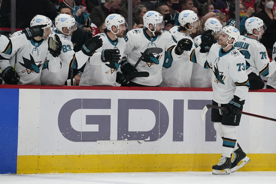 San Jose Sharks center Noah Gregor (73) is congratulated by teammates after scoring a goal against the Washington Capitals during the first period of an NHL hockey game, Wednesday, Jan. 26, 2022, in Washington. (AP Photo/Evan Vucci)
