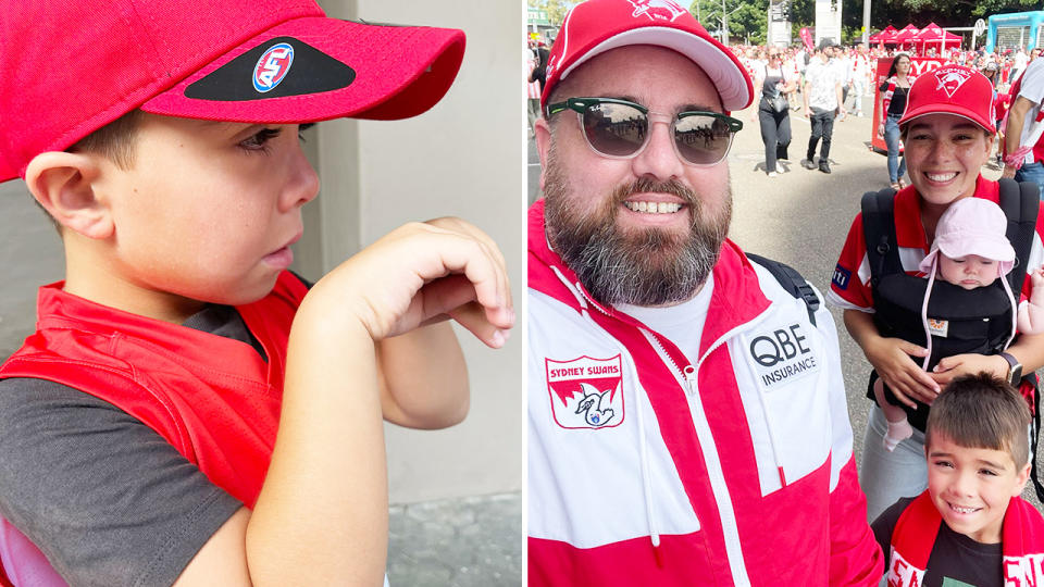 Brenden's young son, pictured here in tears after he and his family were denied entry into the SCG for the Sydney Swans game.