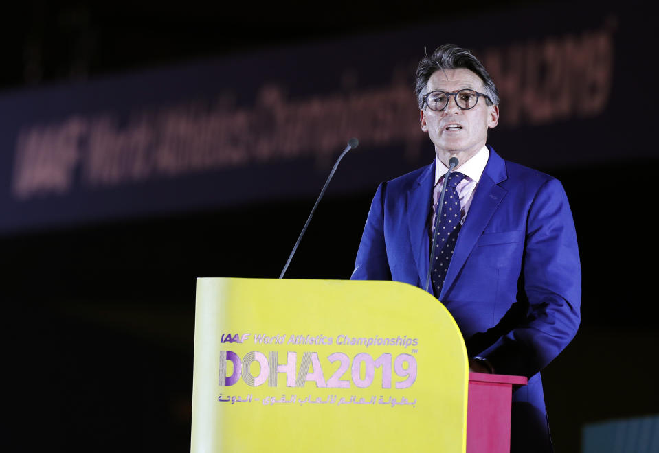 IAAF President Sebastian Coe speaks during the opening ceremony for the World Athletics Championships on the Corniche in Doha, Qatar, Friday, Sept. 27, 2019. (AP Photo/Hassan Ammar)