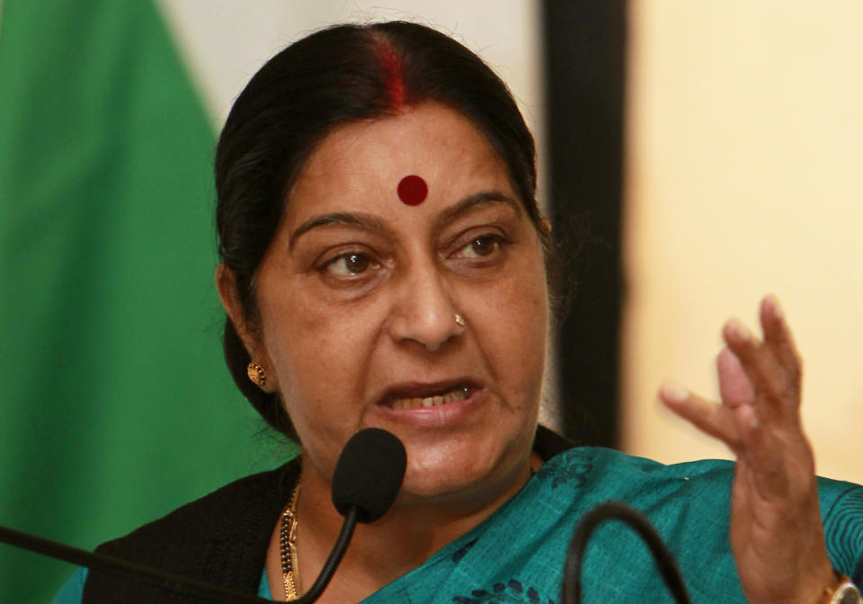 FILE - In this April 21, 2012, file photo, Indian lawmaker Sushma Swaraj speaks during a press conference in Colombo, Sri Lanka. Former Indian foreign minister Swaraj passed away in a New Delhi hospital on Tuesday, Aug. 6, 2019. She was 67. (AP Photo/Gemunu Amarasinghe, File)