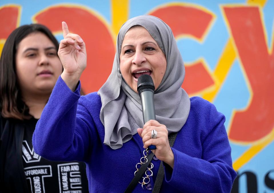 Janan Najeeb, president of the Milwaukee Muslim Women's Coalition, speaks at a voting event in 2022.