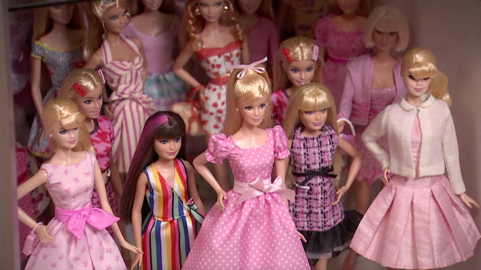 A screen grab shows Matthew Keith's collection of Barbies during an interview with Reuters in Los Angeles, California, U.S., July 21, 2023. REUTERS TV/via REUTERS