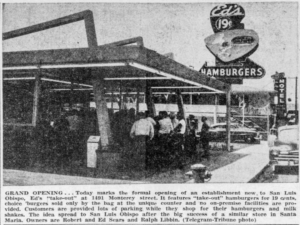 Telegram-Tribune clipping from June 18, 1954 at the grand opening of Ed’s Take-Out, the first building built for take-out food in San Luis Obispo, at the corner of California and Monterey Street.
