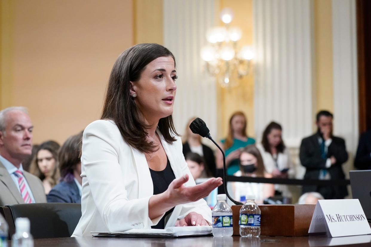 Cassidy Hutchinson, former aide to Trump White House chief of staff Mark Meadows, testifies as the House select committee investigating the Jan. 6 attack on the U.S. Capitol holds a hearing at the Capitol in Washington, Tuesday, June 28, 2022. 
