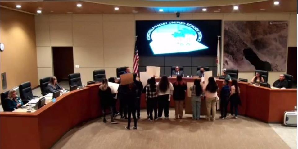 Coachella Valley Unified students protest inadequate teacher pay and safety measures to the school board Thursday night in Thermal.