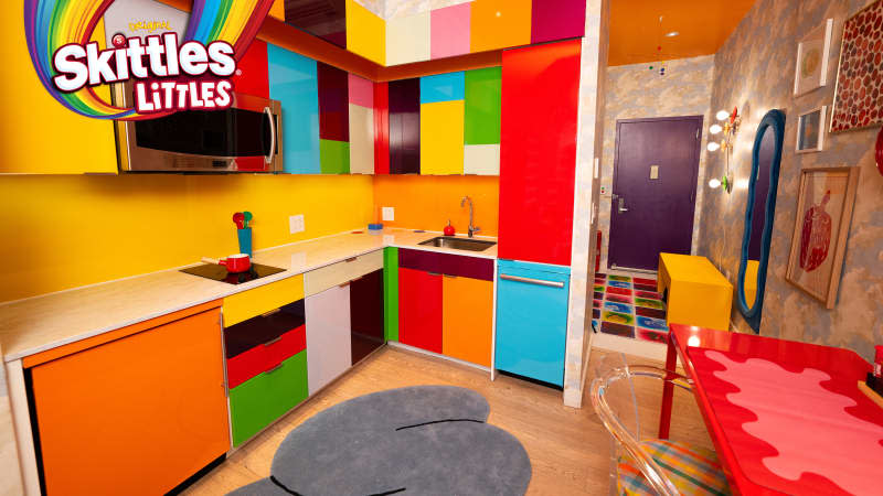 Colorful kitchen in Skittles Littles apartment, designed by Dani Klaric.