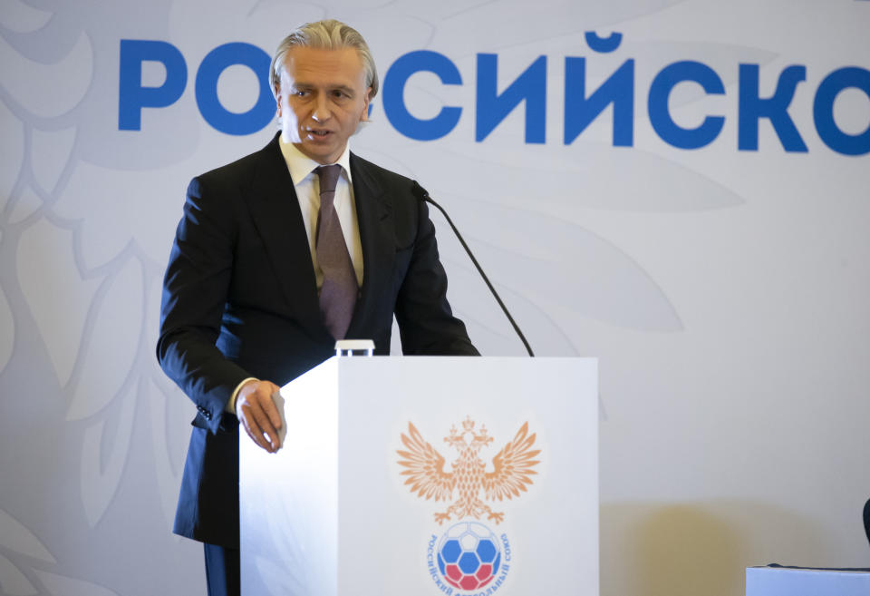 Alexander Dyukov, newly elected as the head of the Russian Football Union speaks at a Russian Football Union conference in Moscow, Russia, Friday, Feb. 22, 2019. Alexander Dyukov, who is chairman and CEO of Gazprom oil subsidiary Gazprom Neft, was elected unopposed as Russian Football Union president at Friday's conference. (AP Photo/Alexander Zemlianichenko)