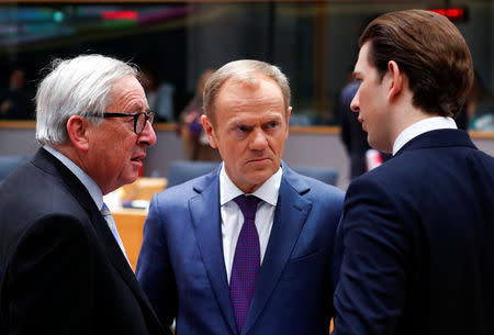 FILE PHOTO: European Commission President Jean-Claude Juncker, European Council President Donald Tusk and Austrian Chancellor Sebastian Kurz talk before a European Union leaders summit in Brussels, Belgium December 14, 2018. REUTERS/Francois Lenoir/Pool/File Photo