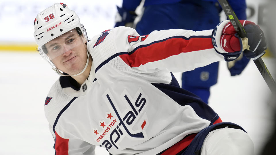 Washington Capitals right wing Nicolas Aube-Kubel (96) celebrates his goal against the Tampa Bay Lightning during the first period of an NHL hockey game Thursday, Feb. 22, 2024, in Tampa, Fla. (AP Photo/Chris O'Meara)