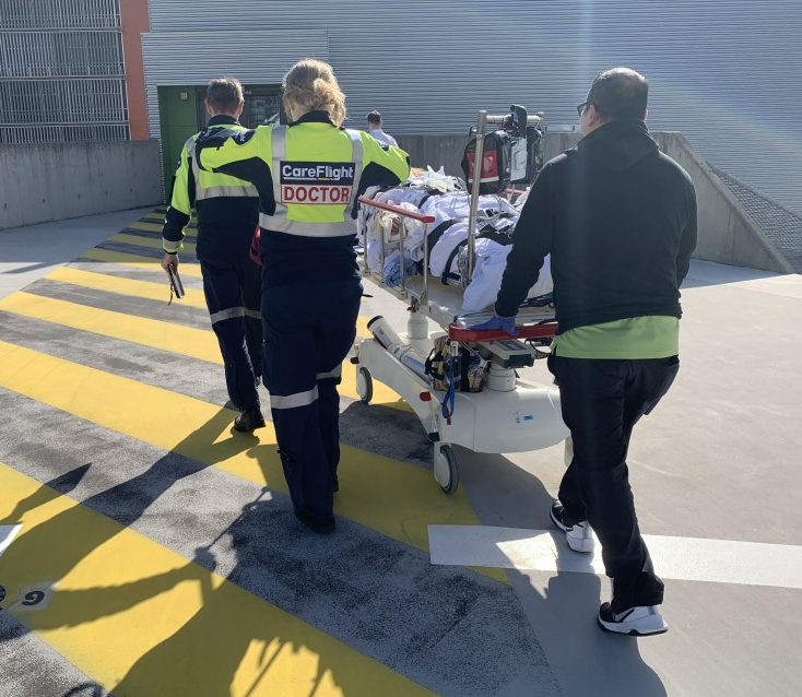 Photo of Ms Hayes arriving at hospital after being mauled by two bull mastiff dogs. 