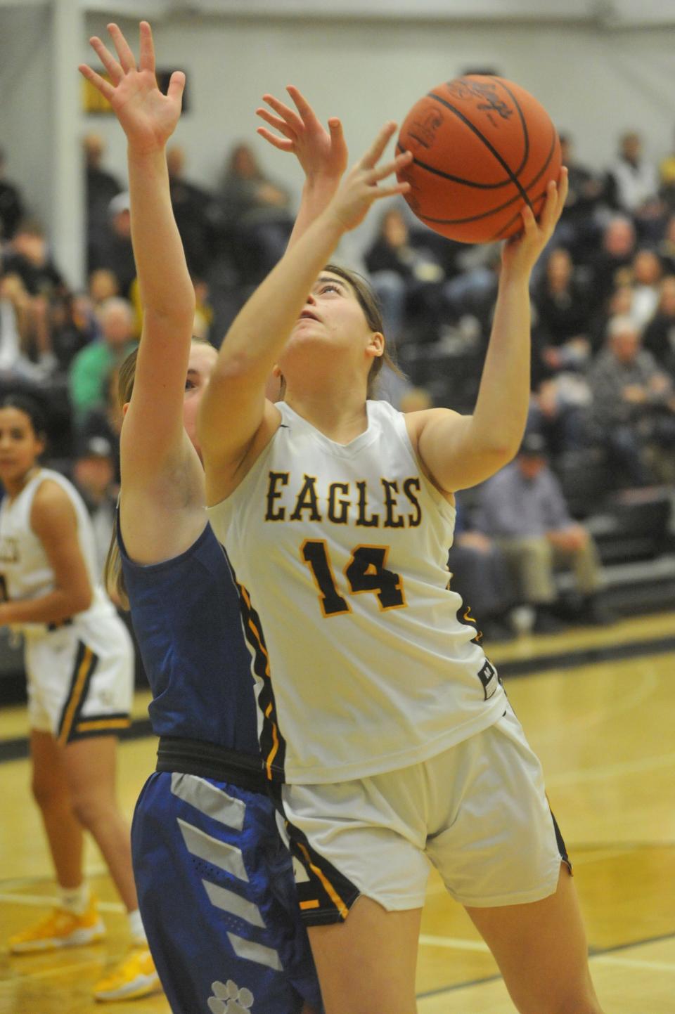 Colonel Crawford's Lexi Rush puts up a shot past Wynford's Zoe Whitmeyer.