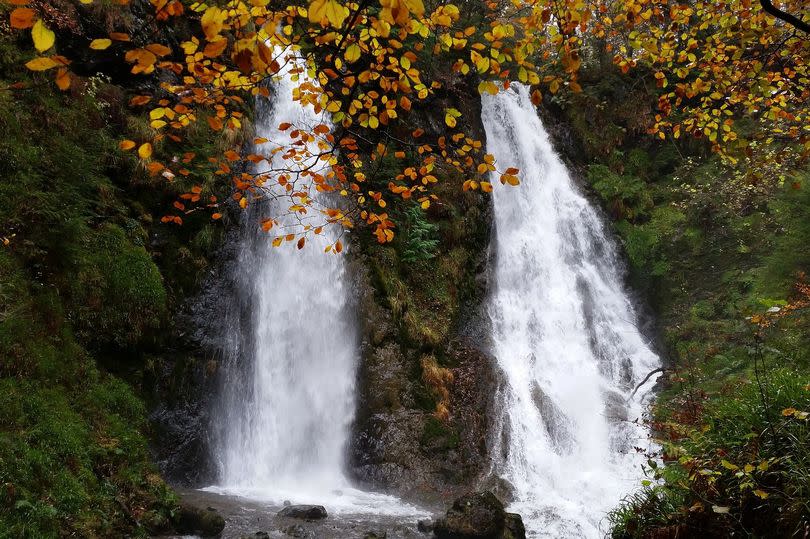 The twin cascades of Rhaeadr y Parc Mawr  in Gwydir Forest near Llanrwst, Conwy