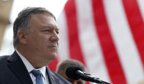 U.S. Secretary of State Mike Pompeo attends a ceremony at the General Patton memorial in Pilsen near Prague, Czech Republic, Tuesday, Aug. 11, 2020. U.S. Secretary of State Mike Pompeo is in Czech Republic at the start of a four-nation tour of Europe. Slovenia, Austria and Poland are the other stations of the trip. (AP Photo/Petr David Josek, Pool)