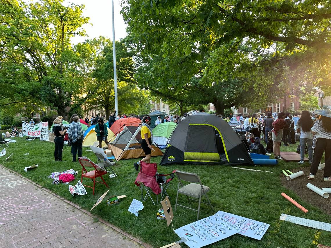 Tents reestablished as part of a pro-Palestine demonstration on Polk Place, the main quad on the campus of UNC-Chapel Hill, on Sunday, April 28, 2024.