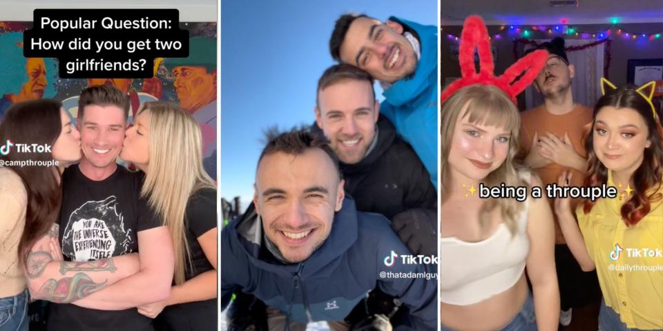 Three images taken from TikTok featuring popular throuples.