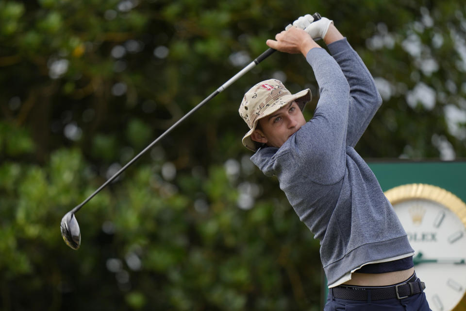 England's Barclay Brown plays from the 3rd tee during the first round of the British Open golf championship on the Old Course at St. Andrews, Scotland, Thursday, July 14, 2022. The Open Championship returns to the home of golf on July 14-17, 2022, to celebrate the 150th edition of the sport's oldest championship, which dates to 1860 and was first played at St. Andrews in 1873. (AP Photo/Alastair Grant)