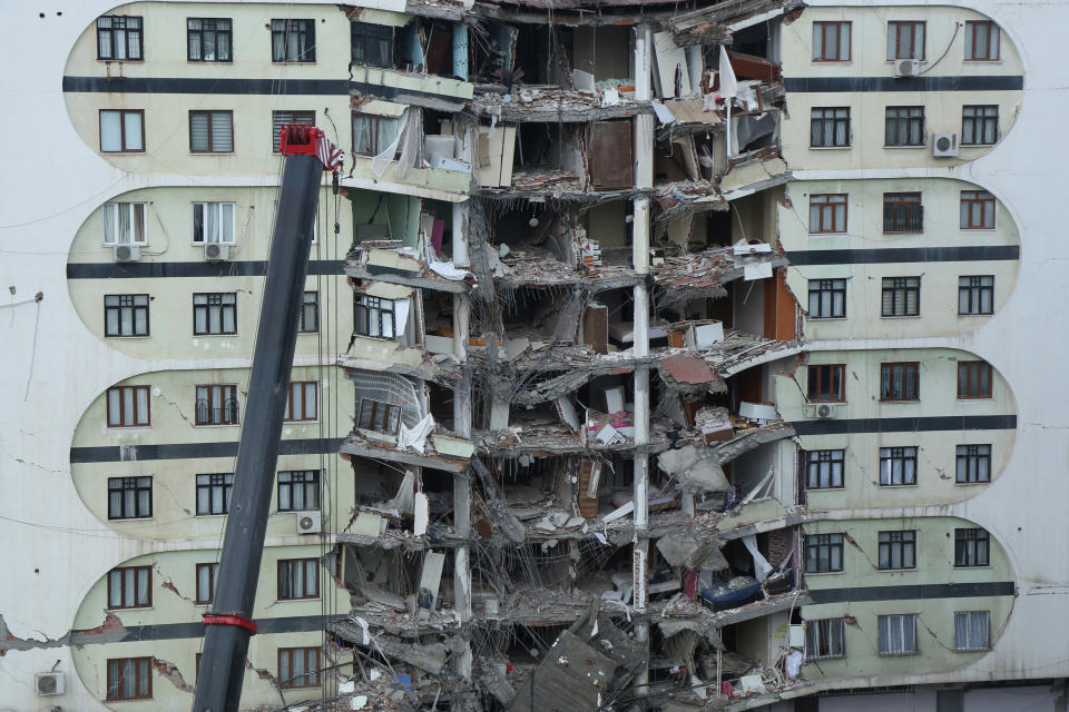 A damaged building in Diyarbakir, Turkey