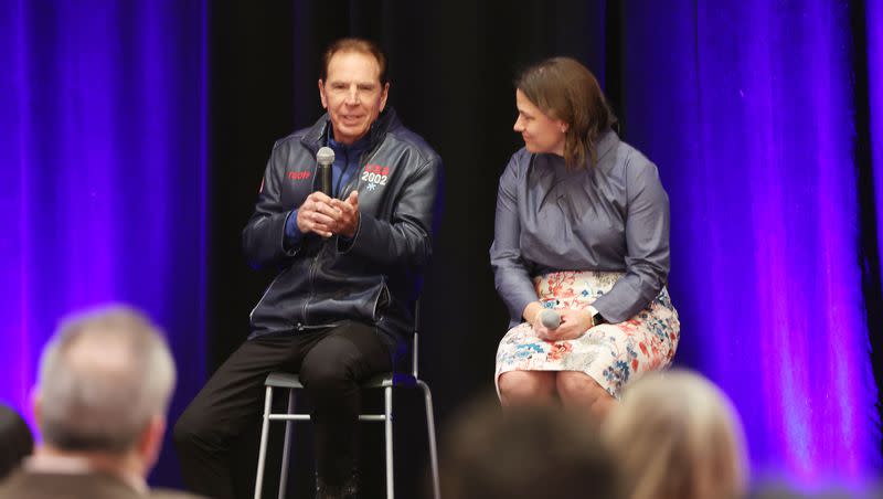 Fraser Bullock and Catherine Raney Norman, who lead the Salt Lake City-Utah Committee for the Olympic Games, speak in an executive session of the Qualtrics X4: The Experience Management Summit in Salt Lake City on Wednesday, March 8, 2023.