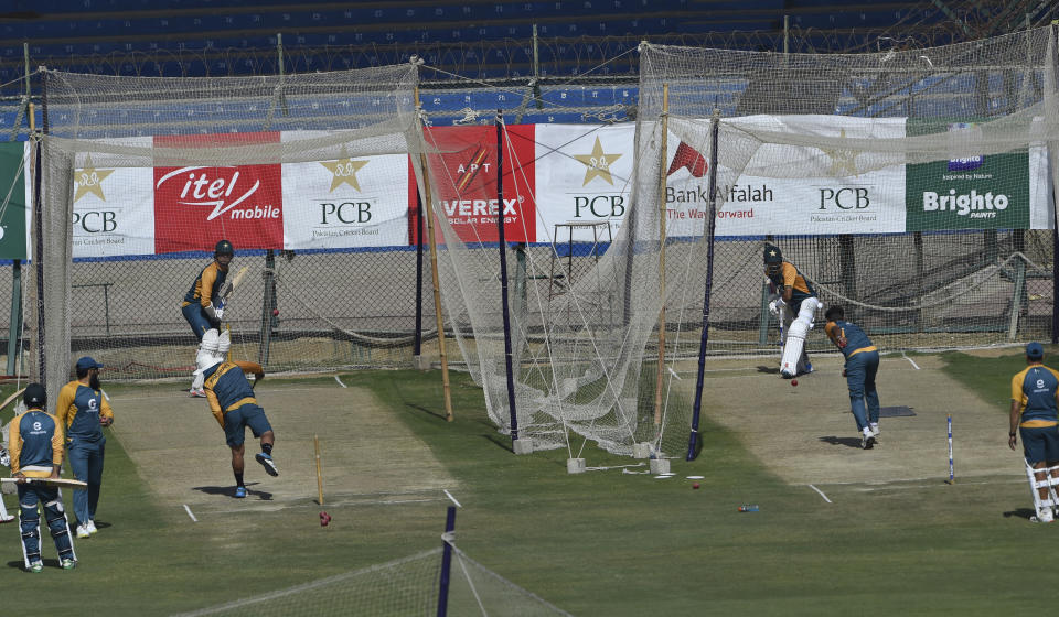 The Pakistan cricket team attend a practice session at National Stadium in Karachi, Pakistan, Monday, Jan. 25, 2021. Pakistan will play the first test match against South Africa on Jan. 26. (AP Photo/Fareed Khan)