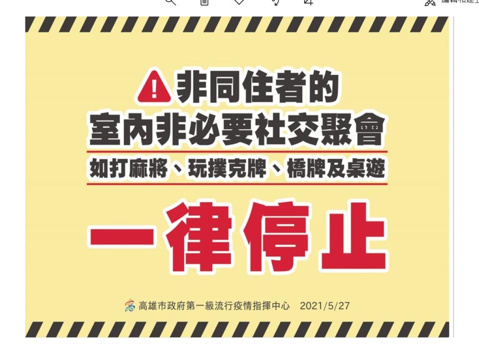 

高市府宣布即日起停止非同住者的室內非必要社交聚
會，如打麻將、橋牌等。（高市府提供）
中央社