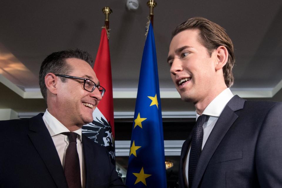 Austria's new coalition: People's Party leader Sebastian Kurz (right) with Freedom Party leader Heinz-Christian Strache: EPA