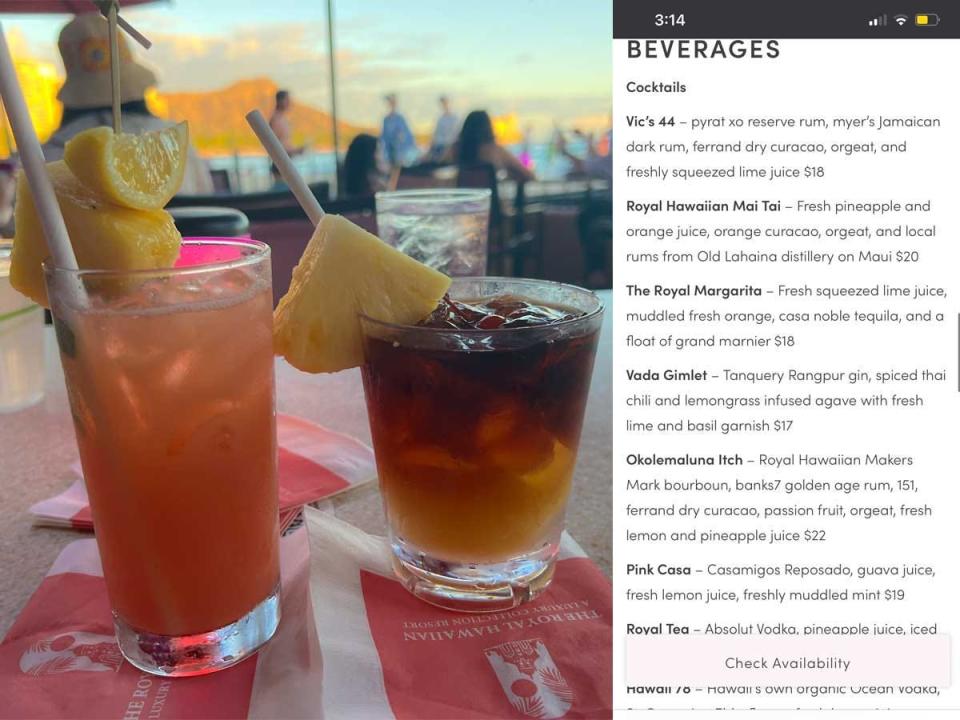 Two tropical looking cocktails next to a dink price list