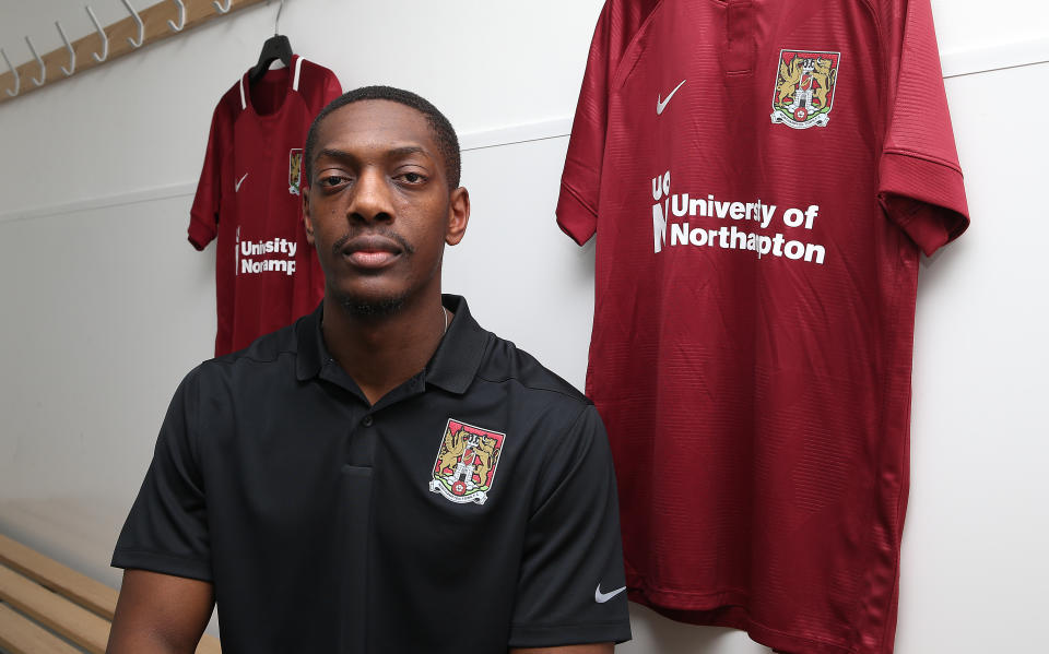 NORTHAMPTON, ENGLAND - JANUARY 31: Northampton Town new signing Marvin Sordell poses during a photo call at PTS Academy Stadium on January 31, 2019 in Northampton, England. (Photo by Pete Norton/Getty Images)