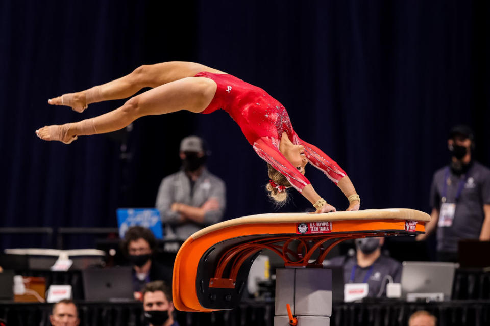 MyKayla Skinner competes on vault during day 2 of the women's 2021 U.S. Olympic Trials - Gymnastics at America’s Center on June 25, 2021 in St Louis, Missouri.<span class="copyright">Carmen Mandato/Getty Images—2021 Getty Images</span>